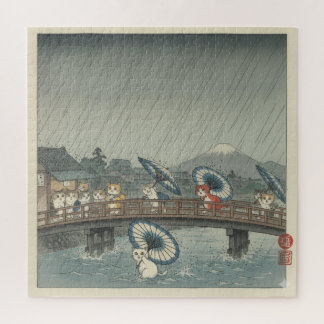 Puzzle Watercolor Japanese Kittens & Rain Shower Parody 