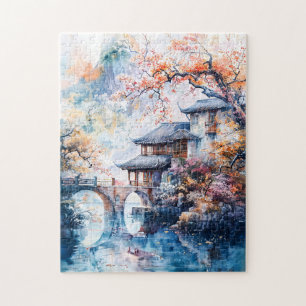 Puzzle Watercolor painting of china temple and water