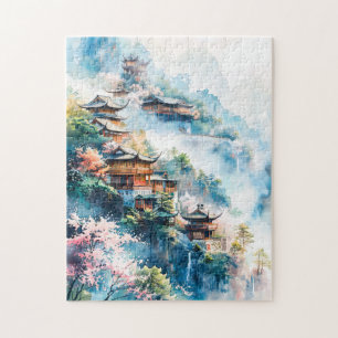 Puzzle Watercolor painting of Chinese temples