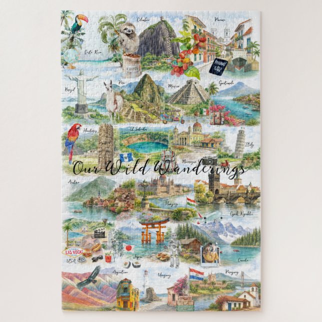 Puzzle Watercolor Wanderlust Travel Collage (Vertical)