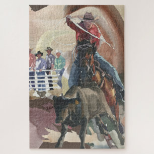 Puzzle Watercolor Western Rodeo Cowboy Bull Roping