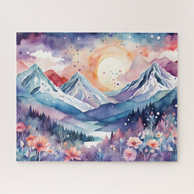 Puzzle Watercolor Winter Mountains Boho Aesthétique Puzzl (Horizontal)