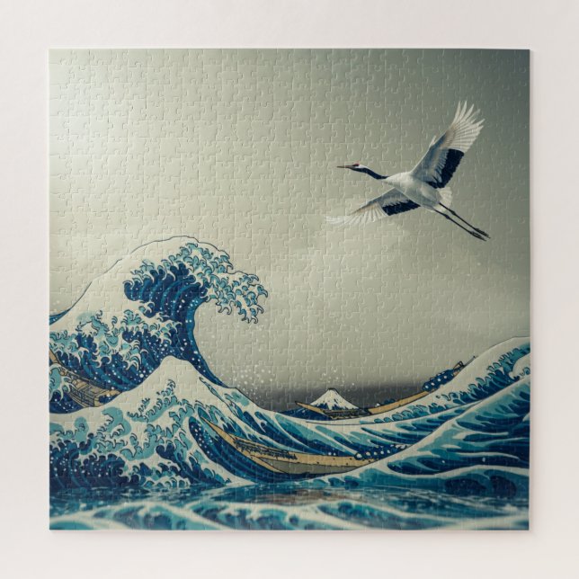 Puzzle Waves and Crane – A Dreamlike Ukiyo-e Vision　 (Vertical)