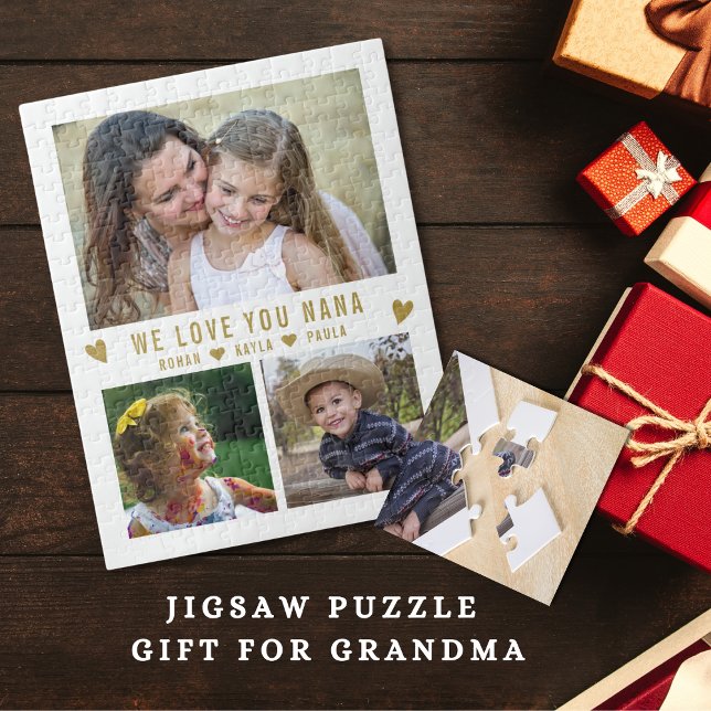 Puzzle We Love You Nana 3 Photo Collage Blanc (Grandma gift idea- Personalized 3 photo collage jigsaw puzzle)