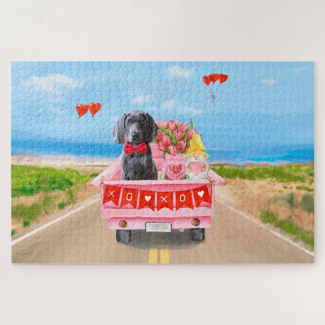 Puzzle Weimaraner Chien Valentine's Day Coeurs de camion (Horizontal)