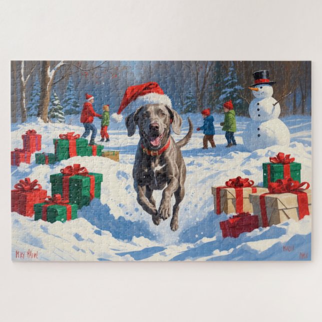 Puzzle Weimaraner courant dans la neige avec un chapeau d (Horizontal)