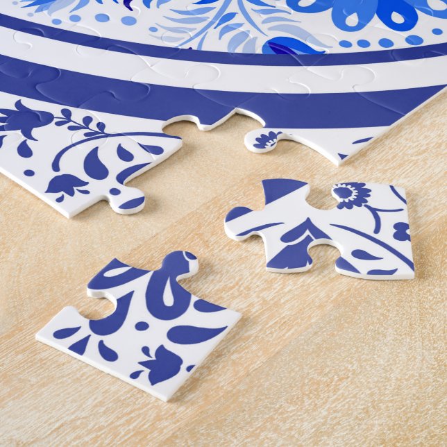 Puzzle Weimaraners, Lapins et Oiseaux Otomi Bleu & Blanc  (Côté)