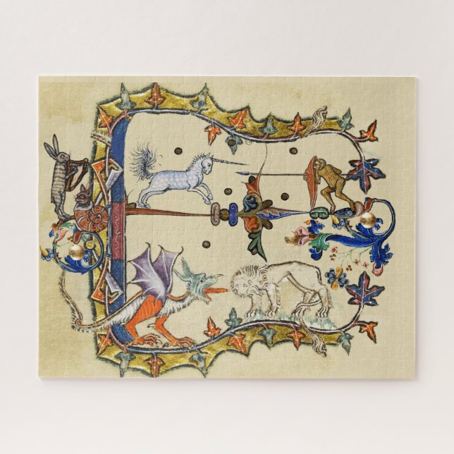PUZZLE WEIRD MEDIEVAL BESTIARY ,UNICORN FIGHTING MONKEY (Horizontal)