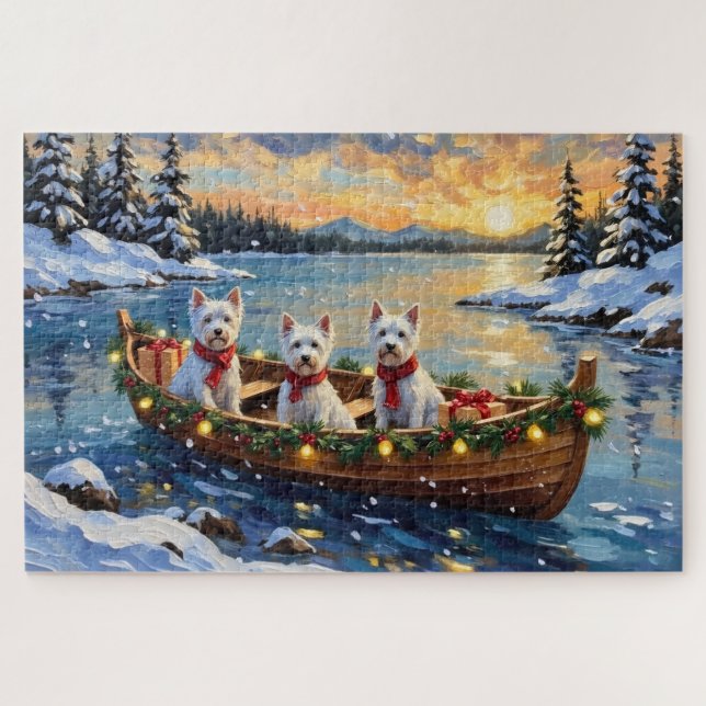 Puzzle West Highland White Terrier Christmas Boat Holiday (Horizontal)