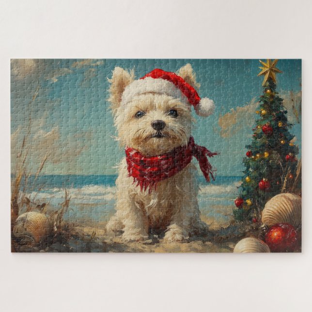 Puzzle West Highland White Terrier Dog Christmas Beach (Horizontal)