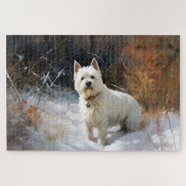 Puzzle West Highland White Terrier Laissons neiger Noël (Horizontal)