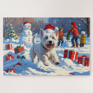 Puzzle Westie courant dans la neige avec un chapeau de No