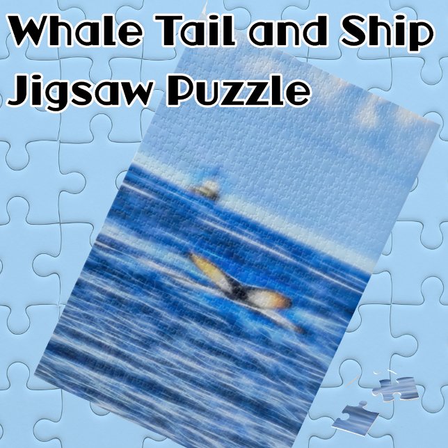 Puzzle Whale Tail Ship sur Blue Ocean Horizon (Whale tail and ship jigsaw Puzzle. A great gift or a puzzle for family game night.)