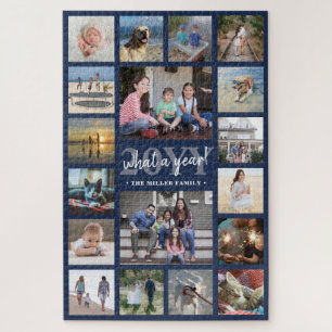 Puzzle What a Year Family Photo Collage Navy Blue Holiday