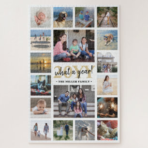 Puzzle What a Year Family Photo Collage White & Gold Xmas