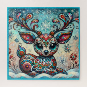 Puzzle Whimsical Big Eyes Christmas Reindeer Folk Art