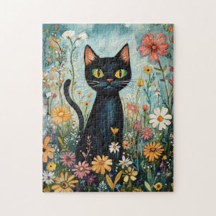 Puzzle Whimsical Black Cat avec illustration Fleur sauvag