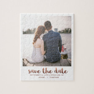 Puzzle Whimsical Brush Script Photo Save the Date Copper