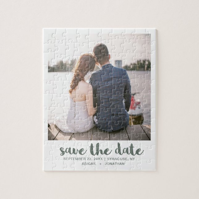 Puzzle Whimsical Brush Script Photo Save the Date Green (Vertical)