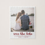 Puzzle Whimsical Brush Script Photo Save the Date Red<br><div class="desc">Whimsical red "save the date" brush script and one photo wedding save the date announcement puzzle.</div>