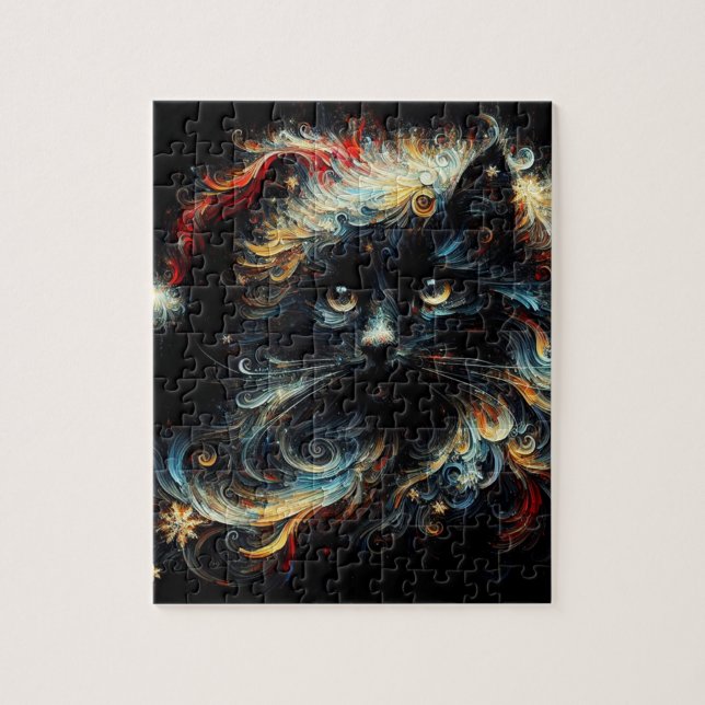 Puzzle Whimsical Long Cheveux Chat noir Père Noël Casquet (Vertical)