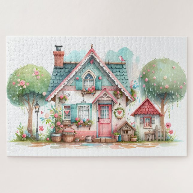 Puzzle Whimsical Pastel Fairy Tale Cottage Art (Horizontal)