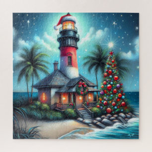Puzzle Whimsical Tropical Christmas Lighthouse Turquoise 