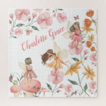 Puzzle Whimssical Spring Floral Woodland Fairy<br><div class="desc">Ce magnifique design présente des illustrations fantaisistes de fées boisées et de jolies fleurs de printemps aquarelle. Utilisez le champ modèle pour ajouter le nom de votre enfant.</div>