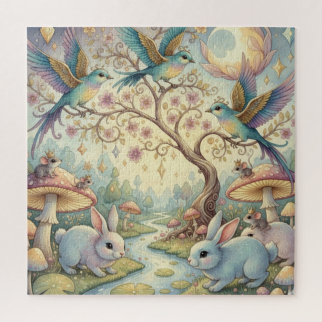 Puzzle Whimsy Grove - Rabbits and Birds in Twilight (Vertical)