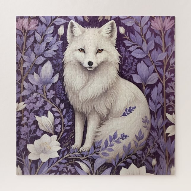 Puzzle White Arctic Fox Lavender William Morris Fleurs (Vertical)