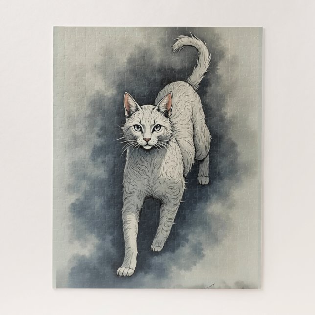 Puzzle White Cat in a Chinese Ink Drawing Style (Vertical)