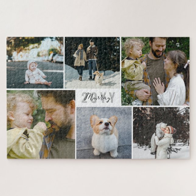 Puzzle White Grey Année & Nom de famille Photo Collage (Horizontal)