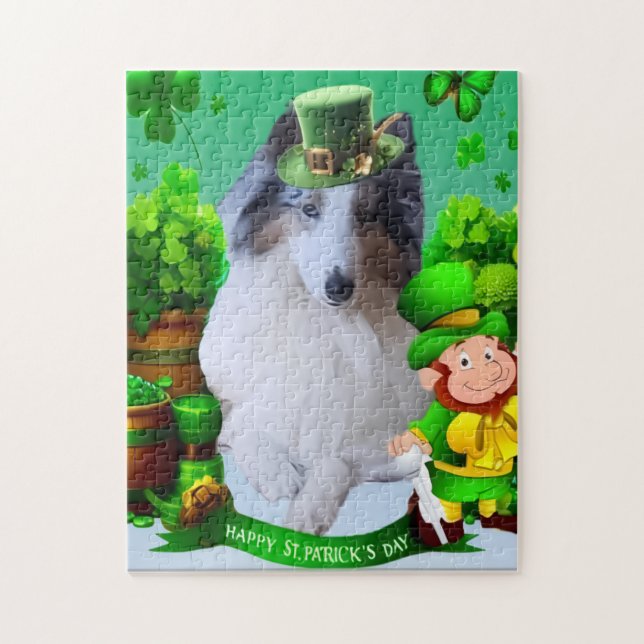 Puzzle White Rough Collie celebrating St. Patrick's Day (Vertical)