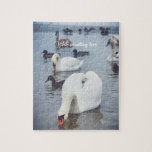 Puzzle White Swan<br><div class="desc">White swans symbolize love,  devotion,  beauty and grace. 
This peaceful winter scene poster could be a perfect gift for birdwatchers,  wildlife admirers and all nature friends. 
Please,  personalize it,  adding your own message</div>
