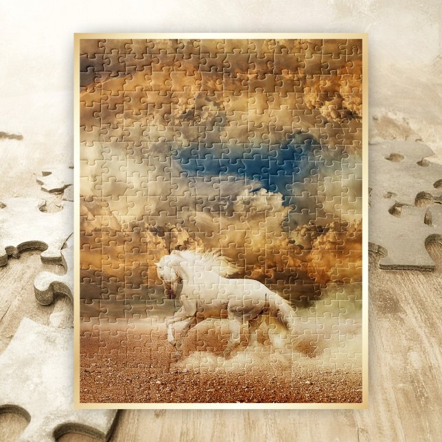 Puzzle White Wild Horse Galloping in Desert, Stormy Sky - (Créateur téléchargé)