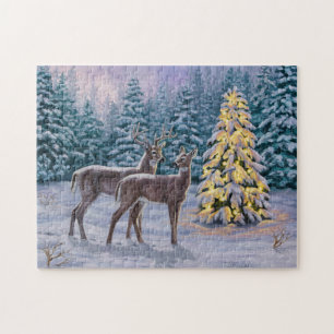Puzzle Whitetail Deer & Christmas Tree Scene hivernale