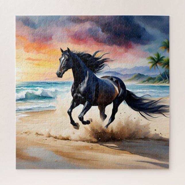 Puzzle Wild black stallion galloping (Vertical)