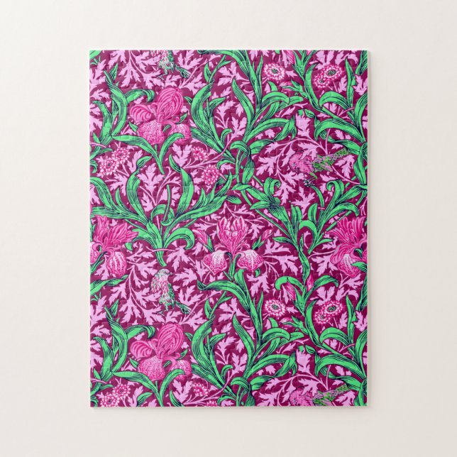Puzzle William Morris Irises, Fuchsia Pink and Wine (Vertical)