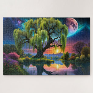 Puzzle Willow tree under Pleine lune N Starry ciel Sunset