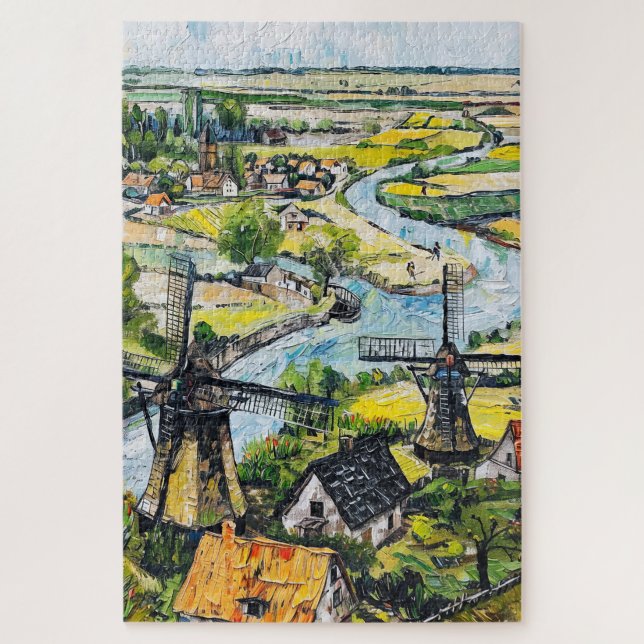 Puzzle Windmills and Church by River Fantasy Painting (Vertical)