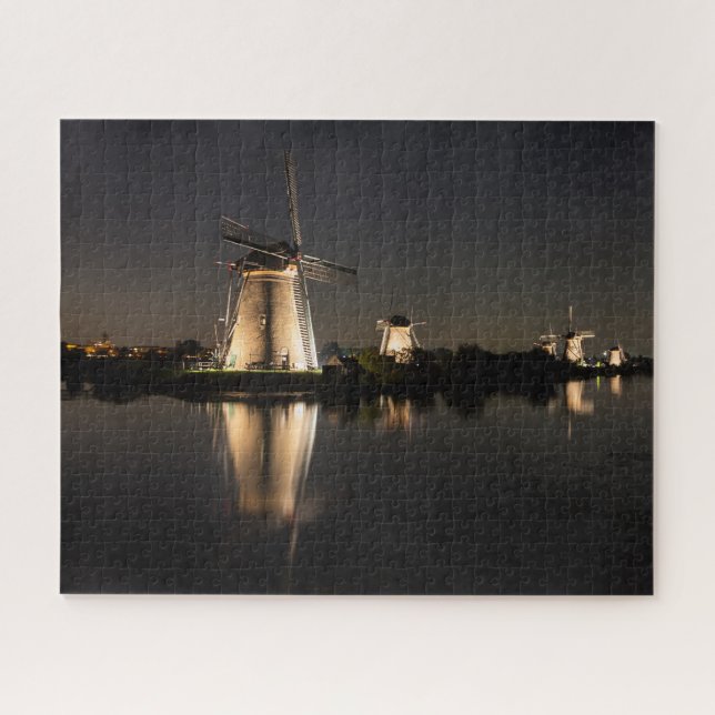 Puzzle Windmills and water illuminated at night (Horizontal)