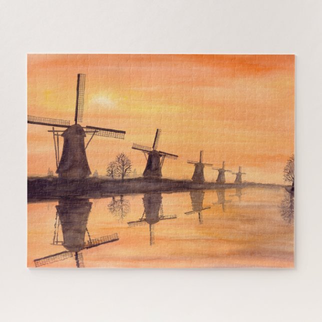 Puzzle Windmills Sunset Watercolor Peinture (Horizontal)