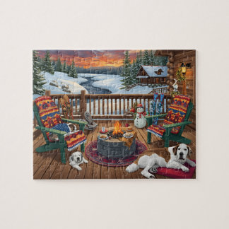 Puzzle Winter Cabin Deck Dogs Fire Pit Snow Scene