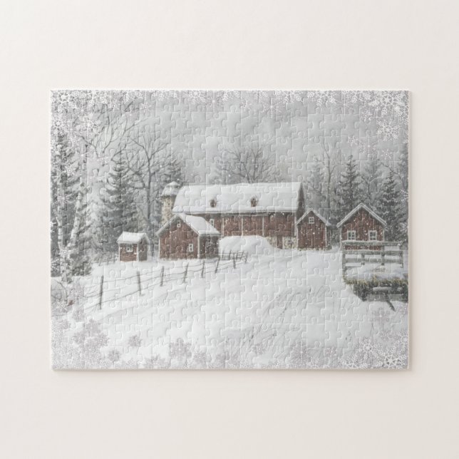 Puzzle Winter Snow Red Barn Farm (Horizontal)