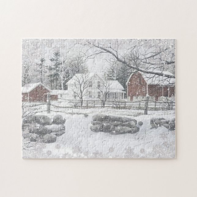 Puzzle Winter Snow Red Barn Farm House (Horizontal)