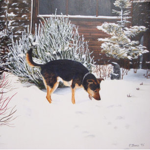 Puzzle Winter snow scene with cute black and tan dog