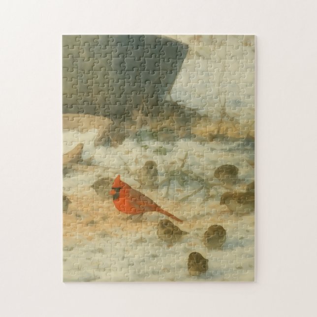 Puzzle Winter Watercolor Cardinal and Sparrows (Vertical)