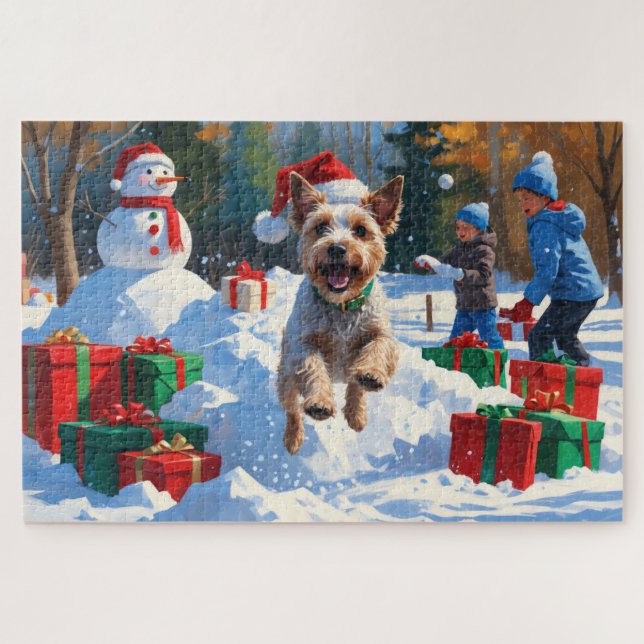 Puzzle Wire Fox Terrier courant dans la neige avec un cha (Horizontal)
