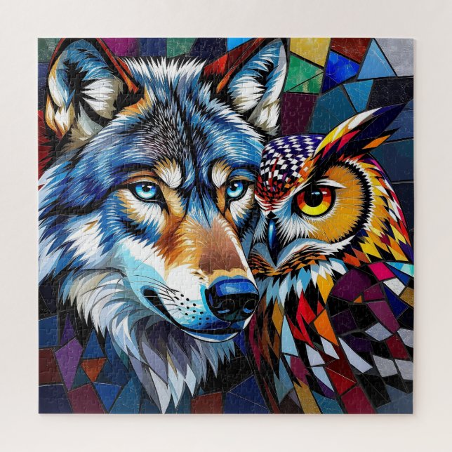 Puzzle Wolf and Owl Vibrant and Colorful (Vertical)