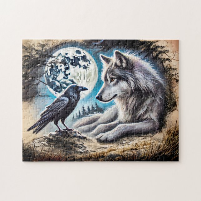 Puzzle Wolf and Raven on Rock at Full Moon (Horizontal)